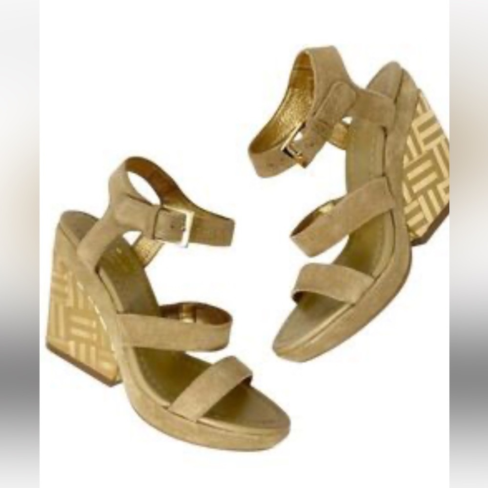 Kate Spade Farryn Wedge Heel Sandals Sz 8.5 Tan Suede Metallic Gold Geo Strappy